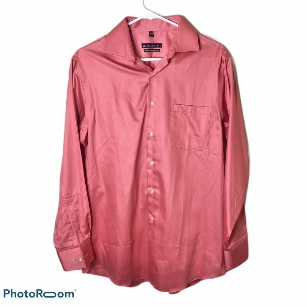 Geoffrey Beene Classic Fit No Iron Button Down Sz 15.5 Shirt Pink Red